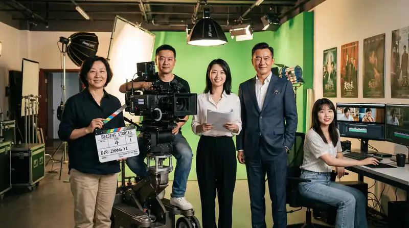 探花专业影视制作团队在现代化摄影棚中合影，展示导演、摄影师、编剧、制片人和剪辑师