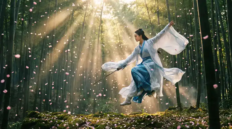 探花精彩影片预告片画面，竹林中女侠飞身舞剑